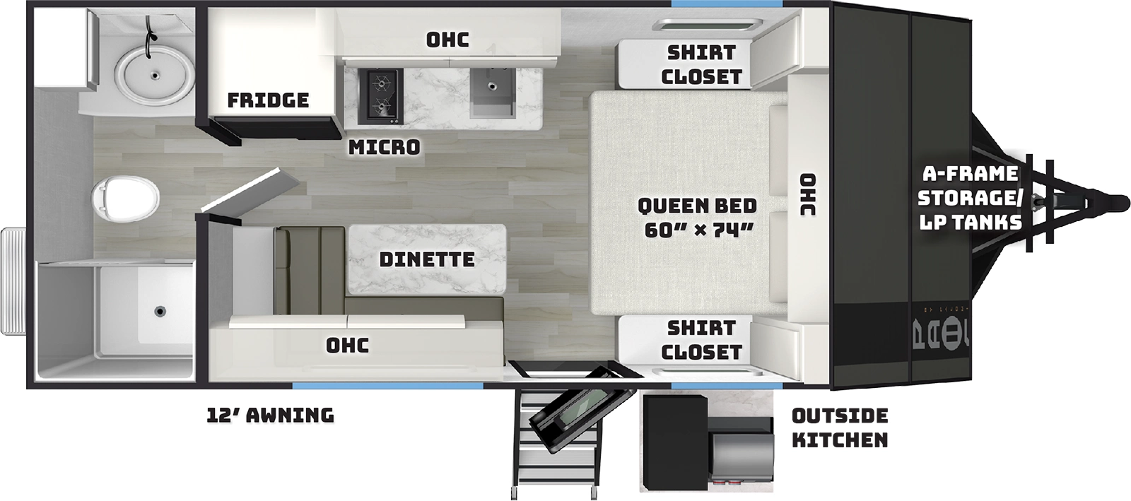 The Pause R17RB floorplan has one entry and zero slide outs. Exterior features include: fiberglass exterior and outside kitchen. Interiors features include: front bedroom and rear bathroom.